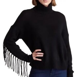 360 Cashmere Hudson Black Fringed Wool & Cashmere Turtleneck Sweater::NWT::$475